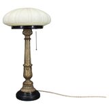 1940s Restored Brass Table Lamp with Wooden Base and Glass Shade