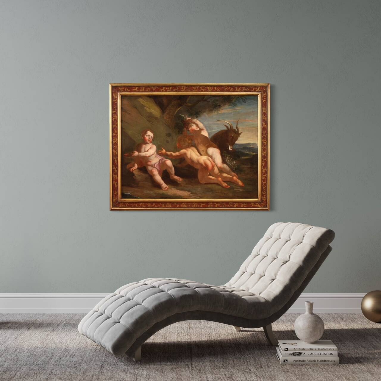 Antique Italian painting from the 17th century, bacchanal of cherubs