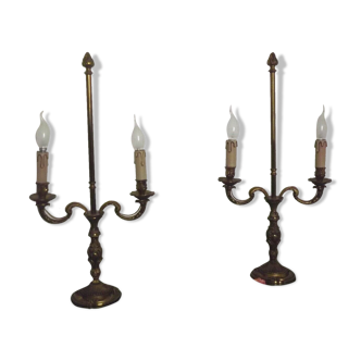 Matching pair antique french cast bronze 2 arm leaf detail candelabra lamps 4052