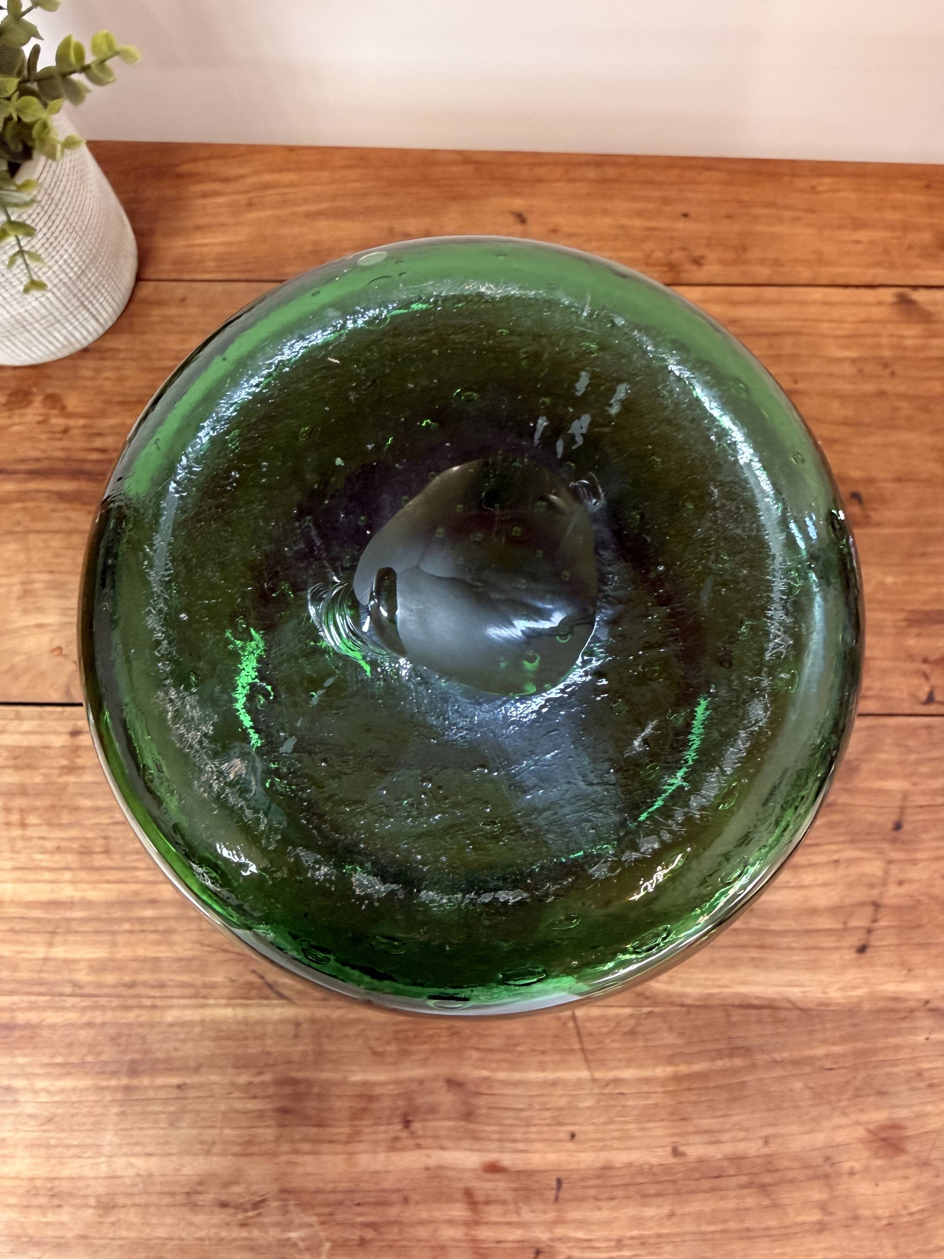Green blown glass vase with a bubble design