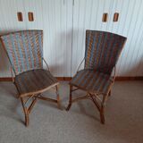 2 woven rattan garden chairs – sky blue net patterns – 1940s