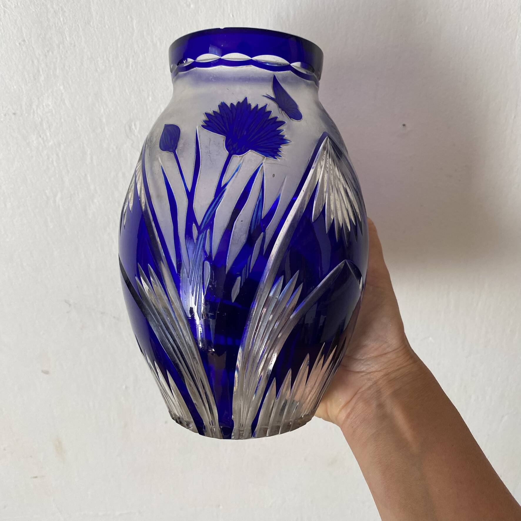 Cobalt blue double crystal vase signed G. Raspiller