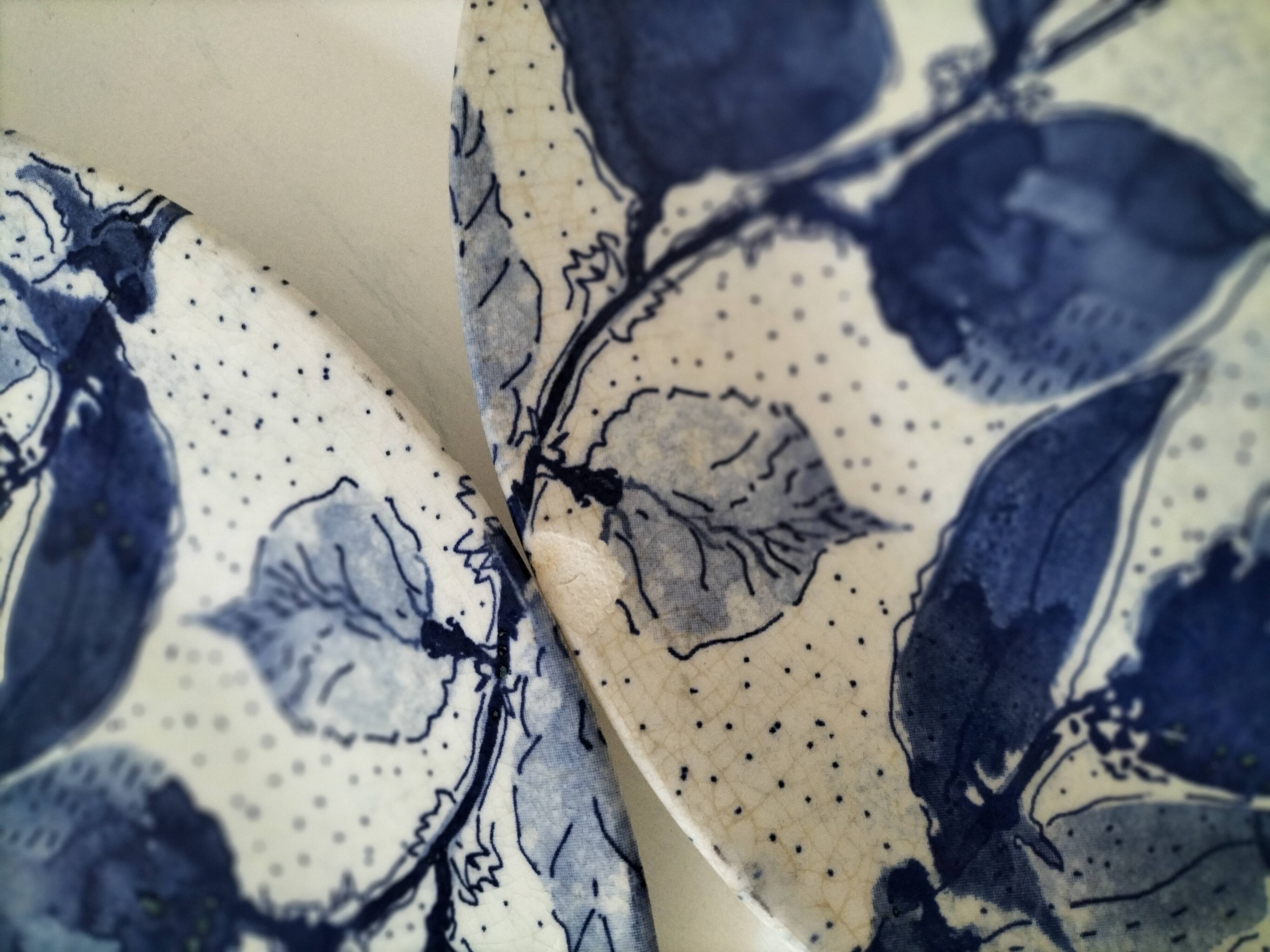 Two flat plates in earthenware with blue floral decoration.