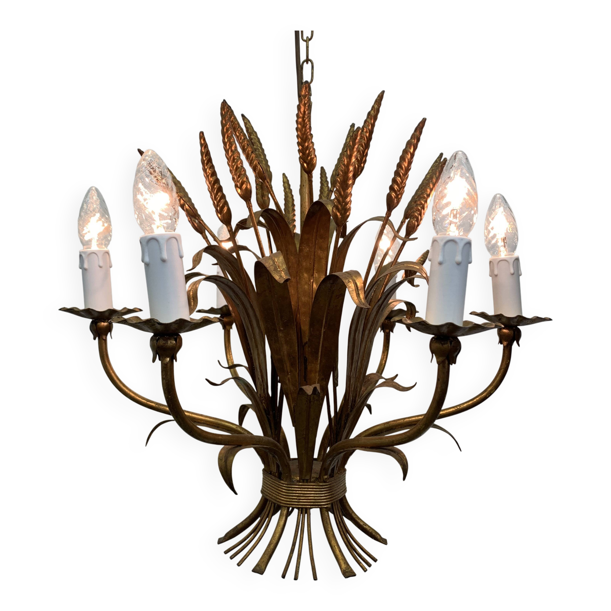 Wheat sheaf leaf gold gilt chandelier, 1960’s