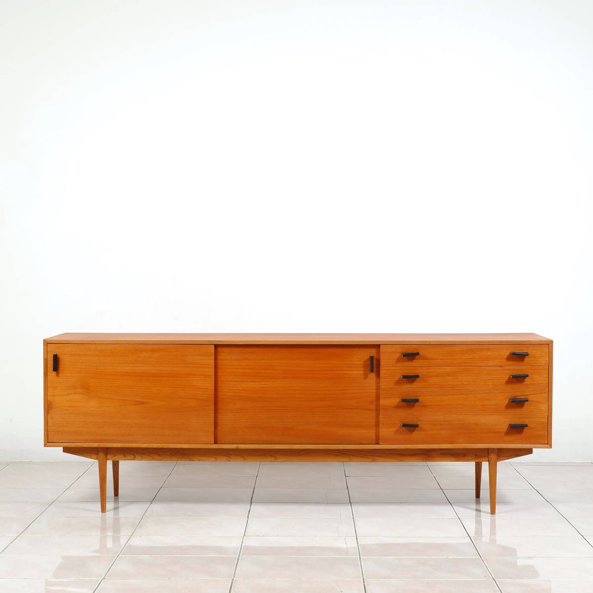 Swedish teak sideboard with leather handles