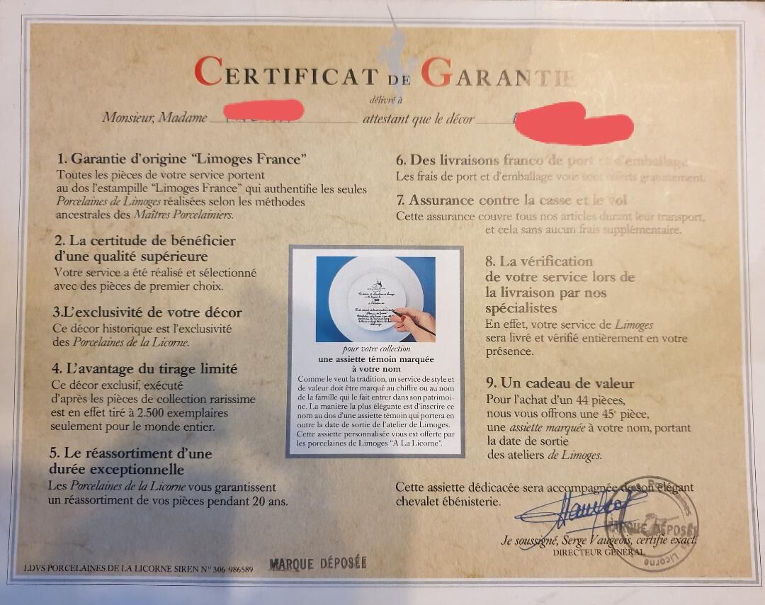 dessert service of limoges, porcelain of the Unicorn, limited edition 2500 copies