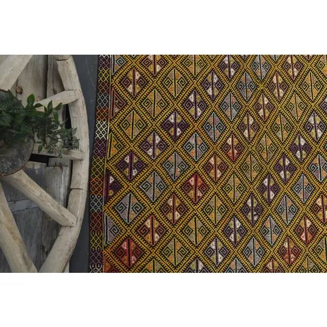 Vintage Turkish Oushak Handmade Wool & Cotton Yellow Area Rug 162x212