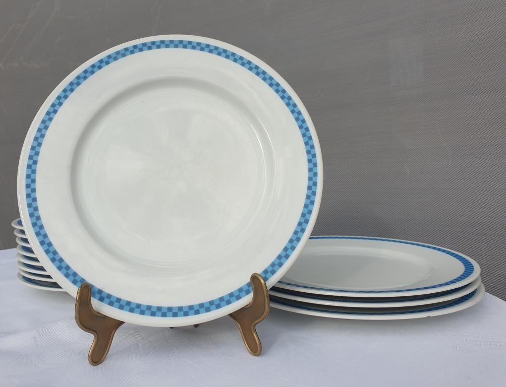 Set 12 plates checkered earthenware blue Lustucru diam25