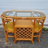 Rattan table and 2 armchairs