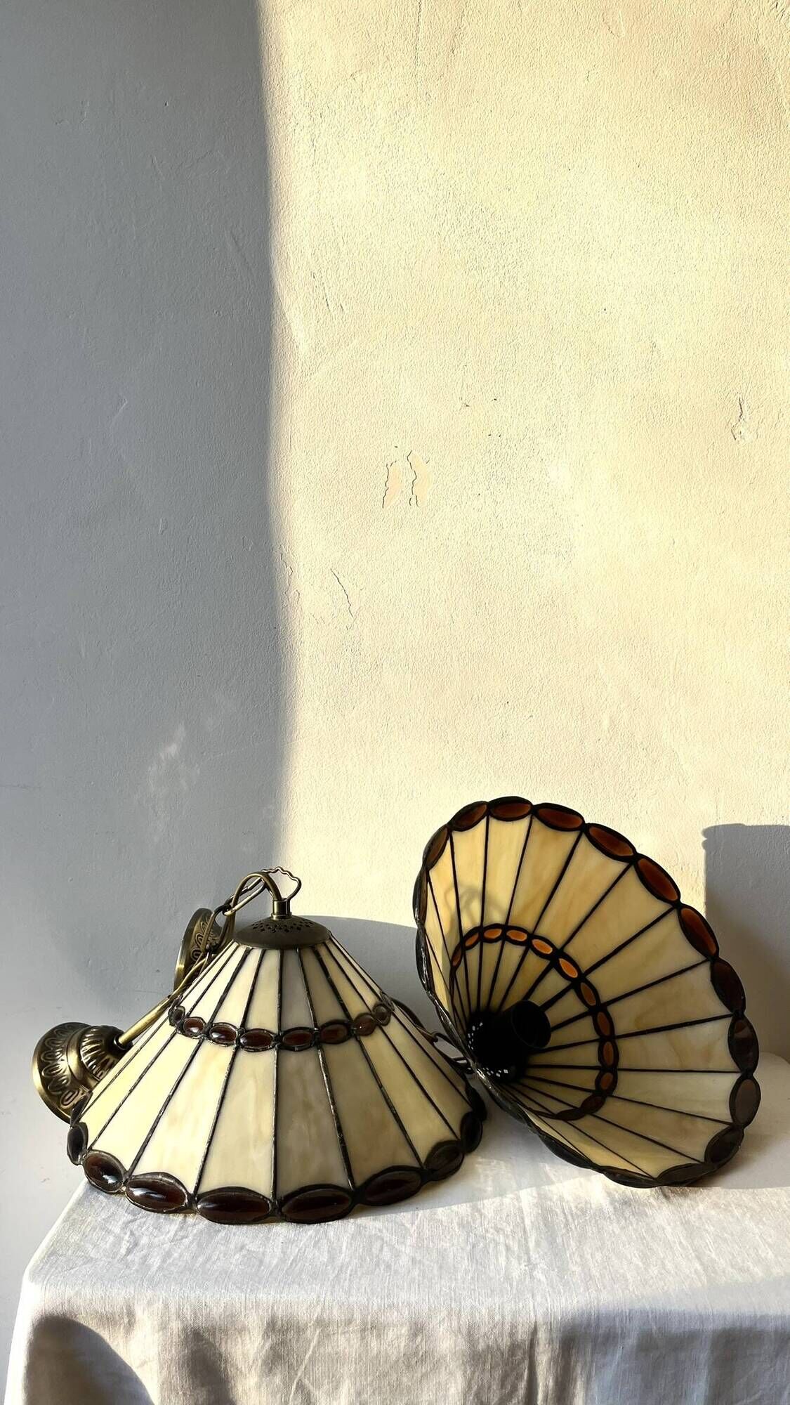 Pair of glass pendant lights in Art Nouveau Tiffany style