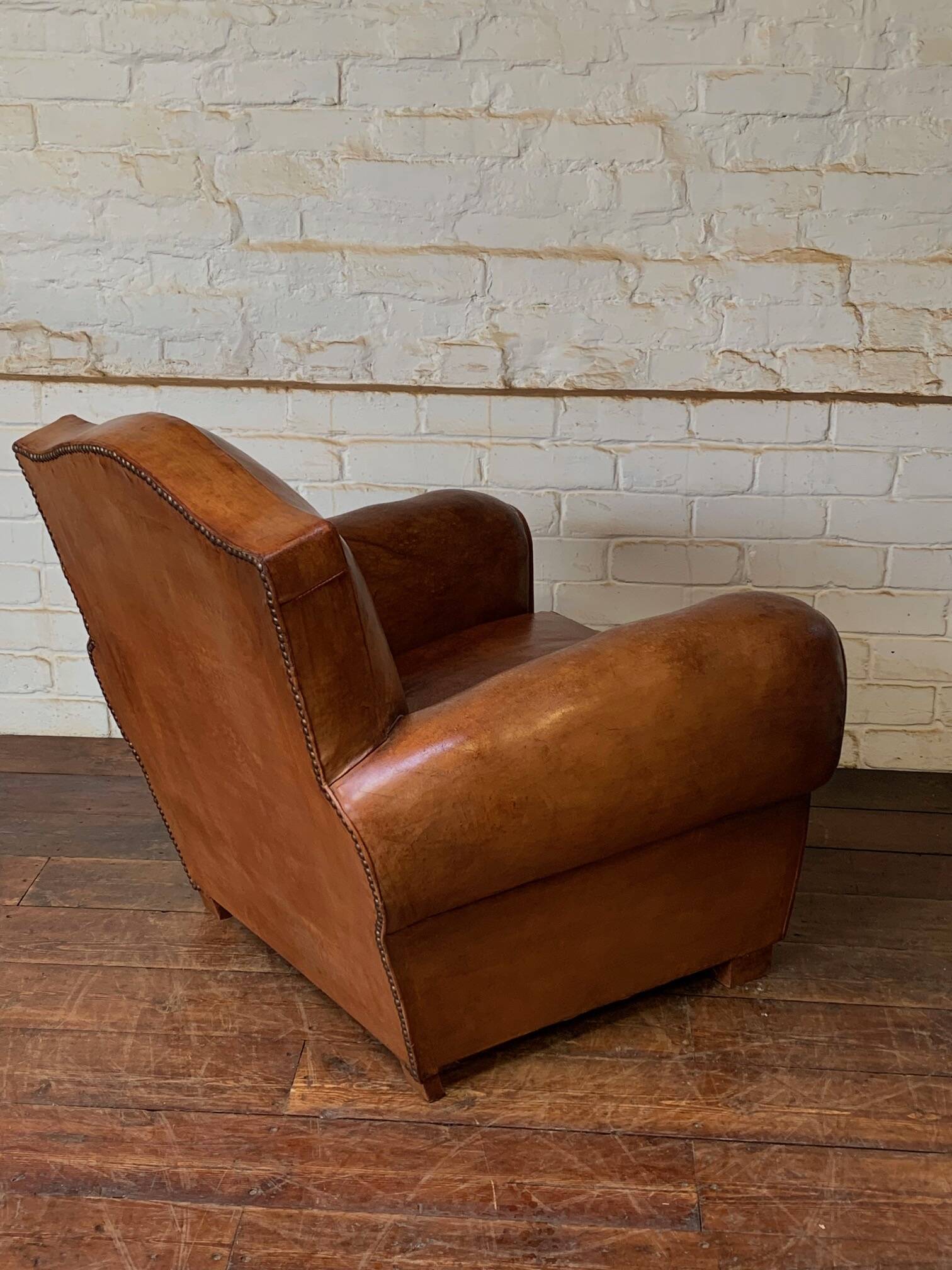 French leather club chair chapeau de gendarme in caramel c 1950