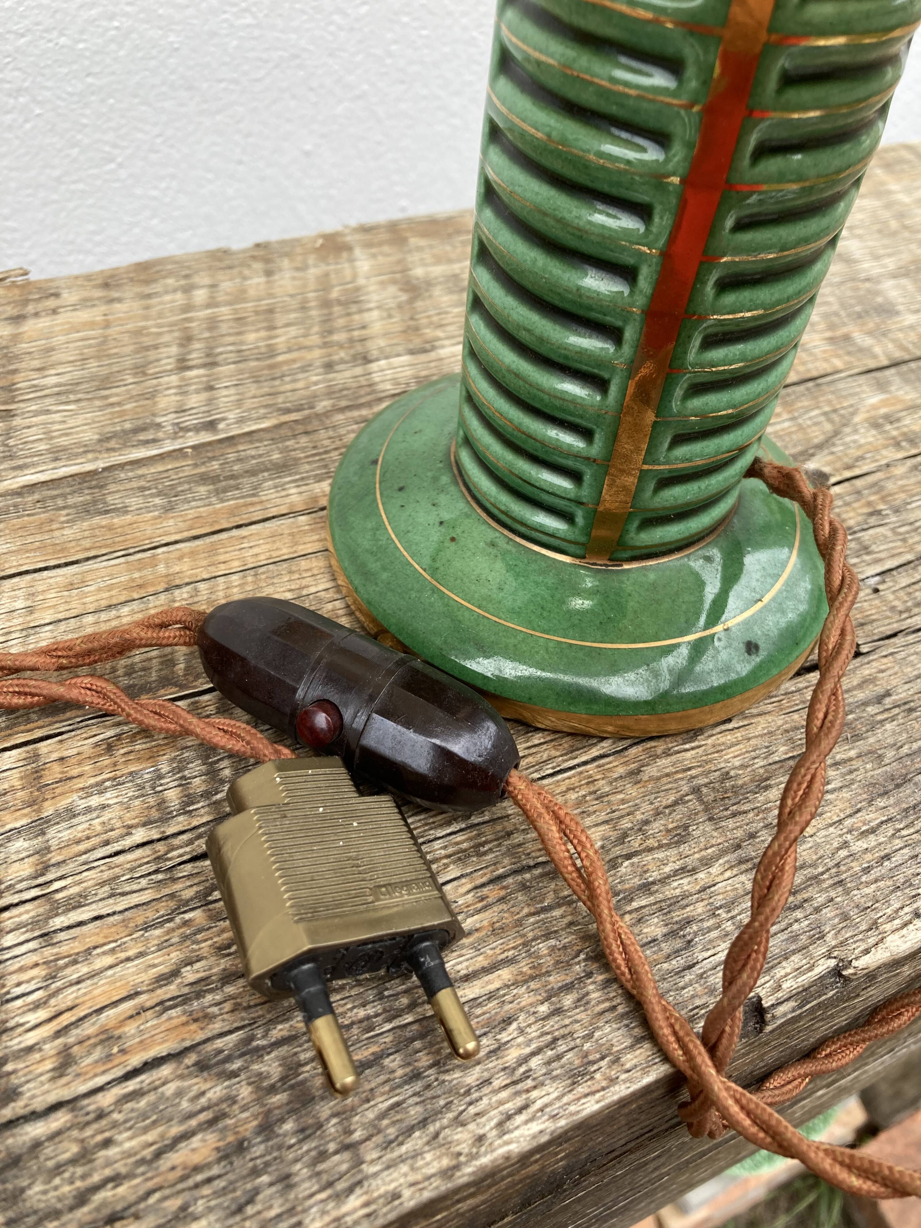 Art Deco table lamp in green ceramic and gold leaf from the 50s