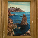 Tableau peinture ancienne Port Coton, Belle Ile en mer
