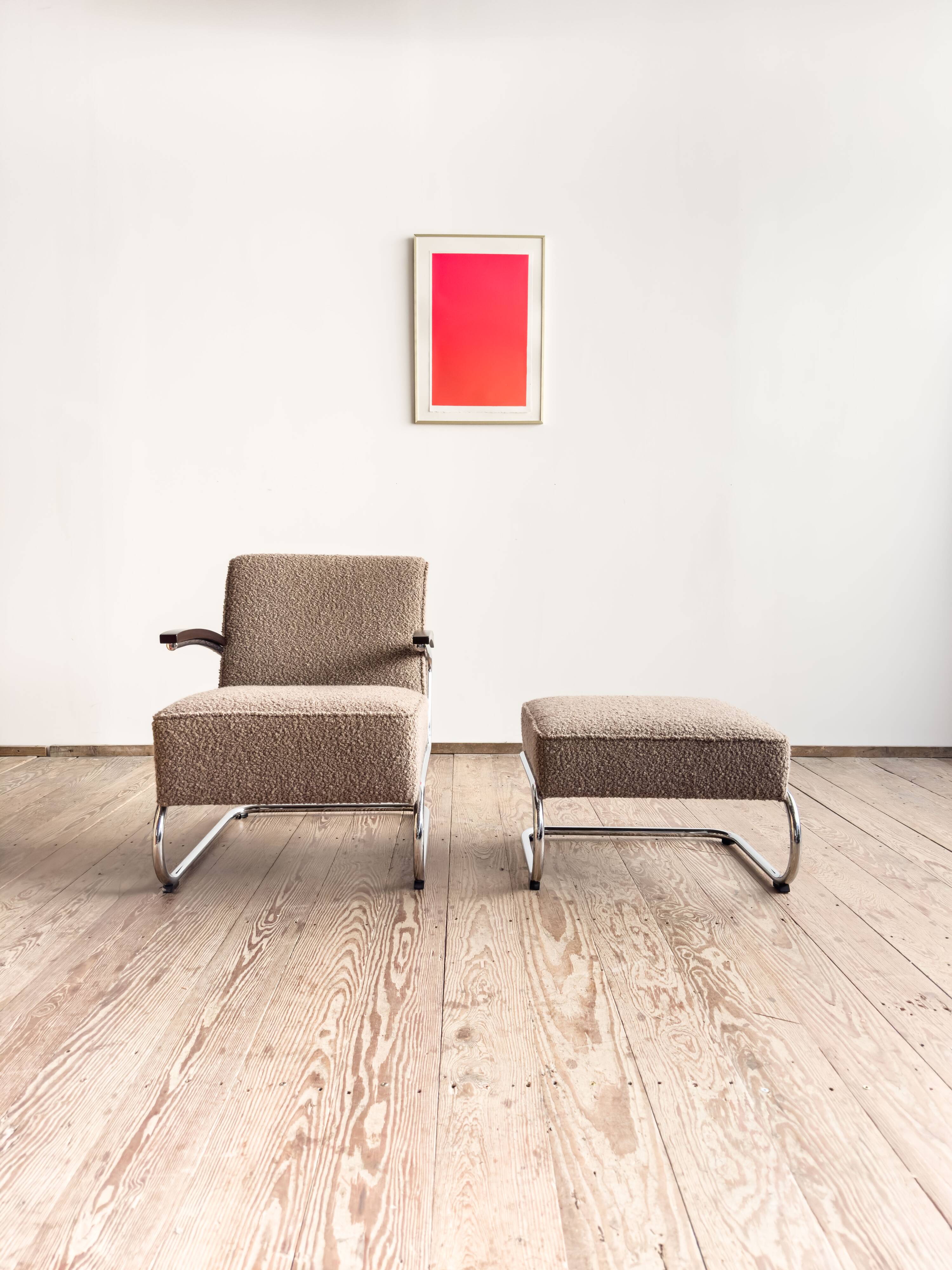 Fauteuil et ottoman Thonet 411 Bauhaus en tissu bouclé