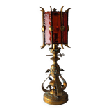 Large Longobard Gilded Metal and Red Hammered Glass Table Lamp