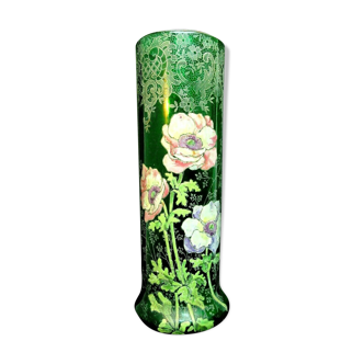 Vase en verre vert émaillé Legras 3 belles anémones bicolores avec dentelle