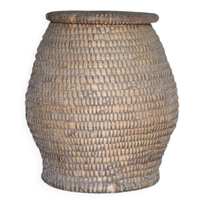 Panier ancien avec couvercle, bourgne paille et ronce, panier tressé, décor
