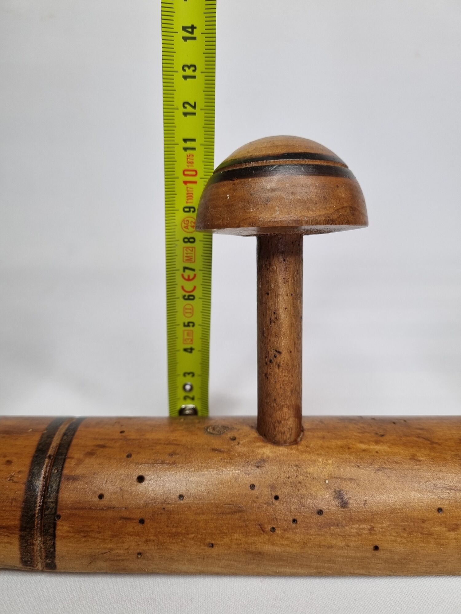 Old wooden coat rack turned in imitation of bamboo, 5 hooks, 63 cm