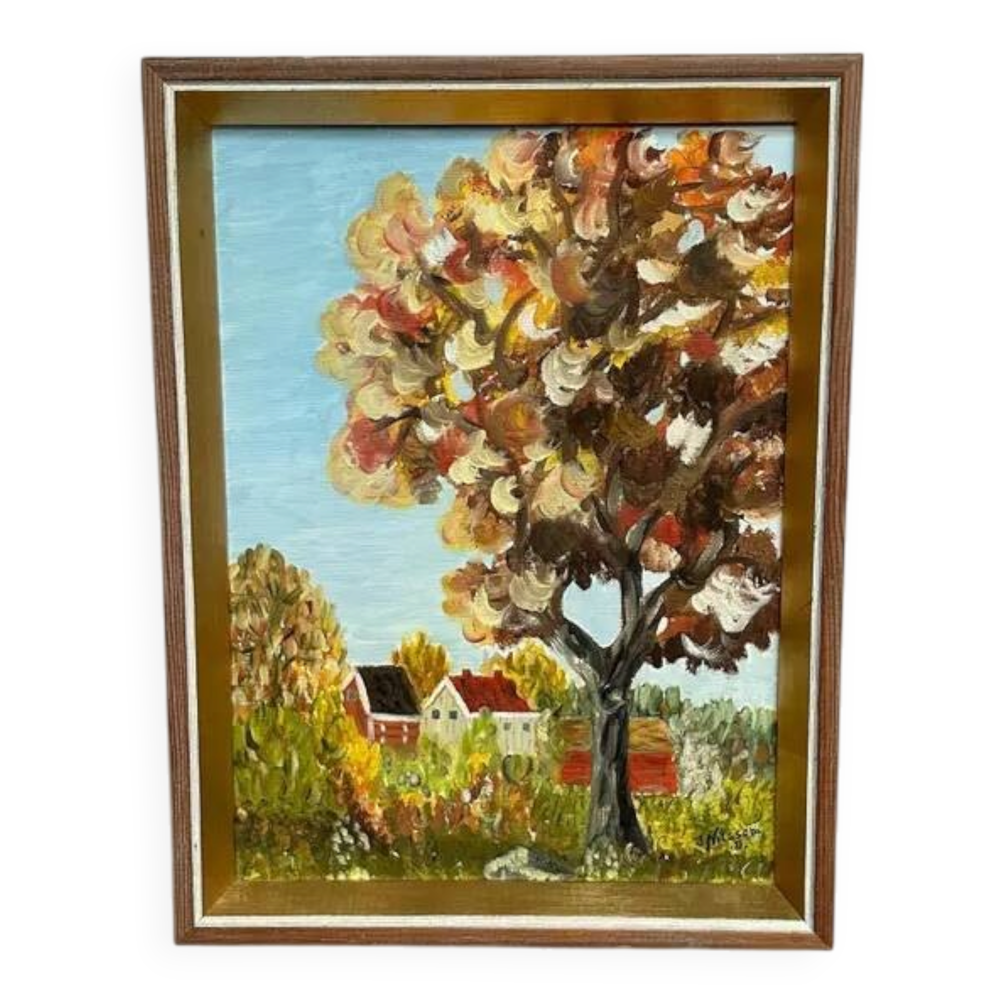 Original Swedish Oil on Canvas - "Autumn Tree" by J. Nilsson - Vintage and Framed - 49 × 38 cm