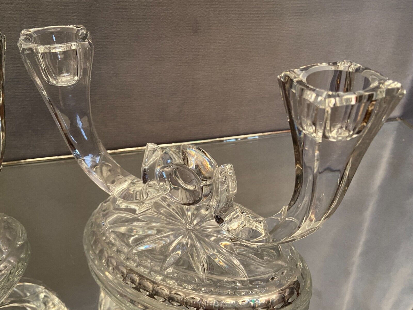 Pair of Val Saint Lambert crystal table end candlesticks