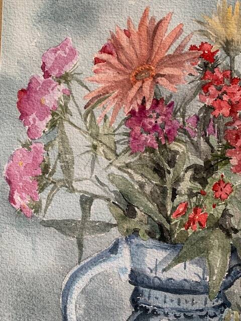 Old watercolor signed Jany. F. Millet (1926-1992), bouquet of flowers under framed glass, 1950
