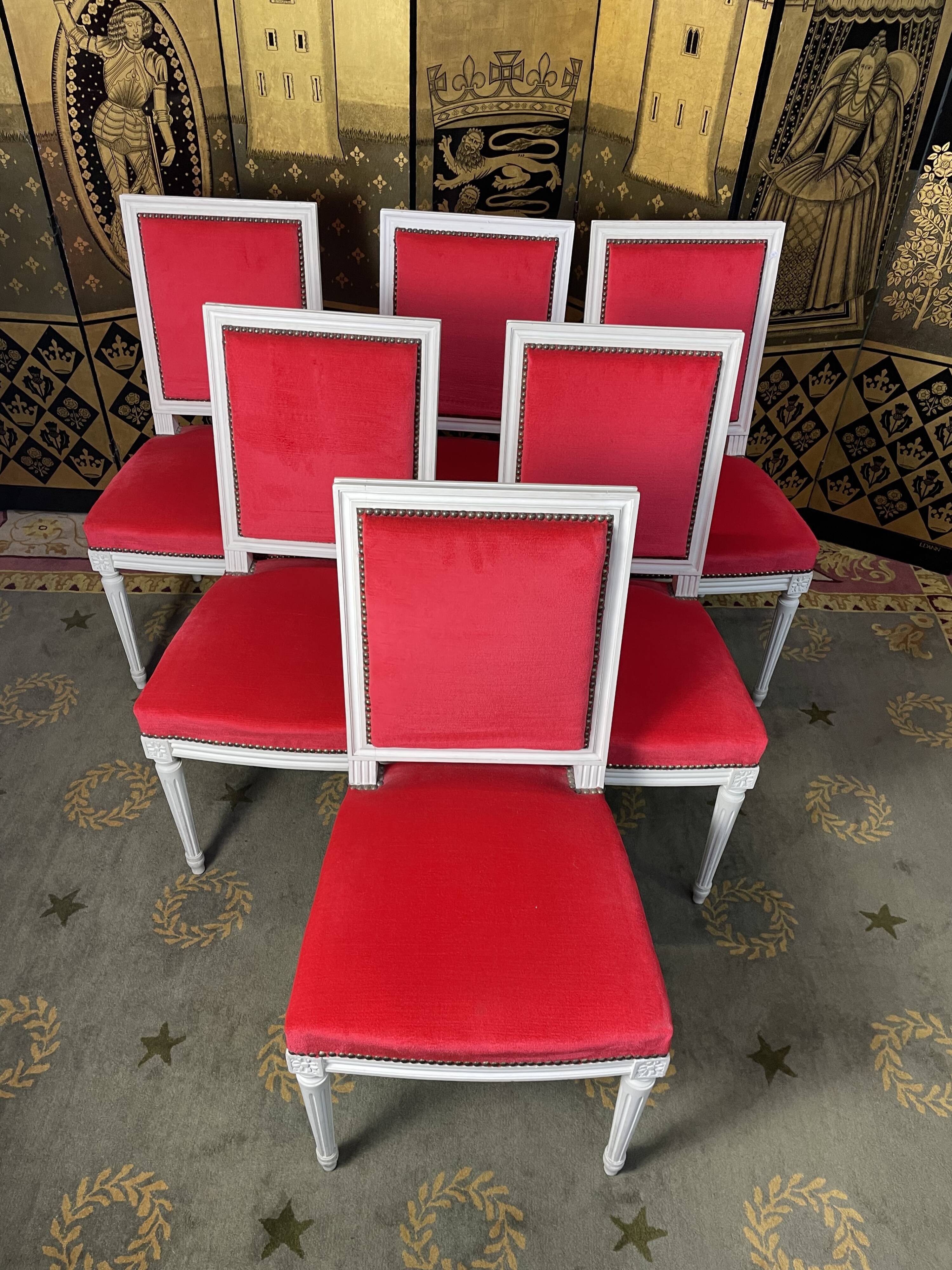 Suite of 6 Louis XVI red velvet style chairs