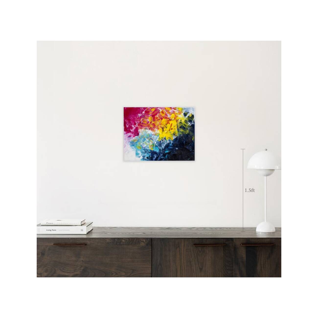 Acrylic painting on canvas in blue, pink, and yellow.