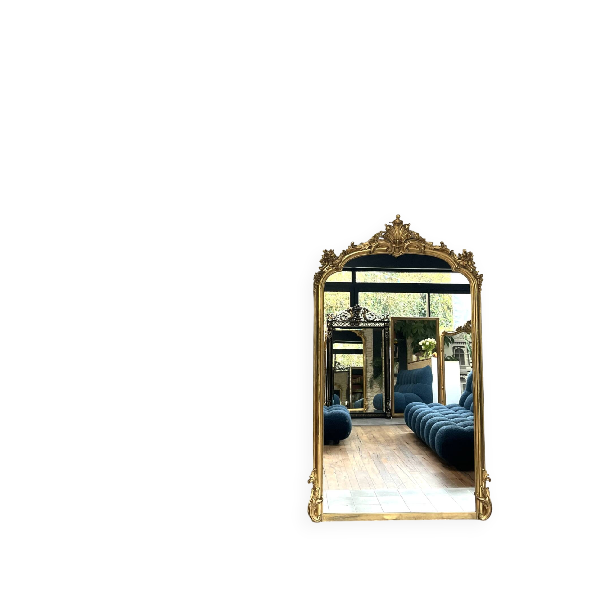 Gold leaf mirror with pediments, 219/131cm, overmantel.