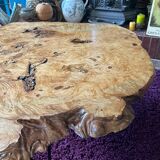 Tripod coffee table in natural solid elm magnifying glass