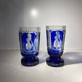 Bohemian crystal, set of 2 glasses, double-cut cobalt blue, ca 1900