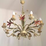 Italian vintage metal chandelier with 8 lights, Mathias bouquet, pink flowers.