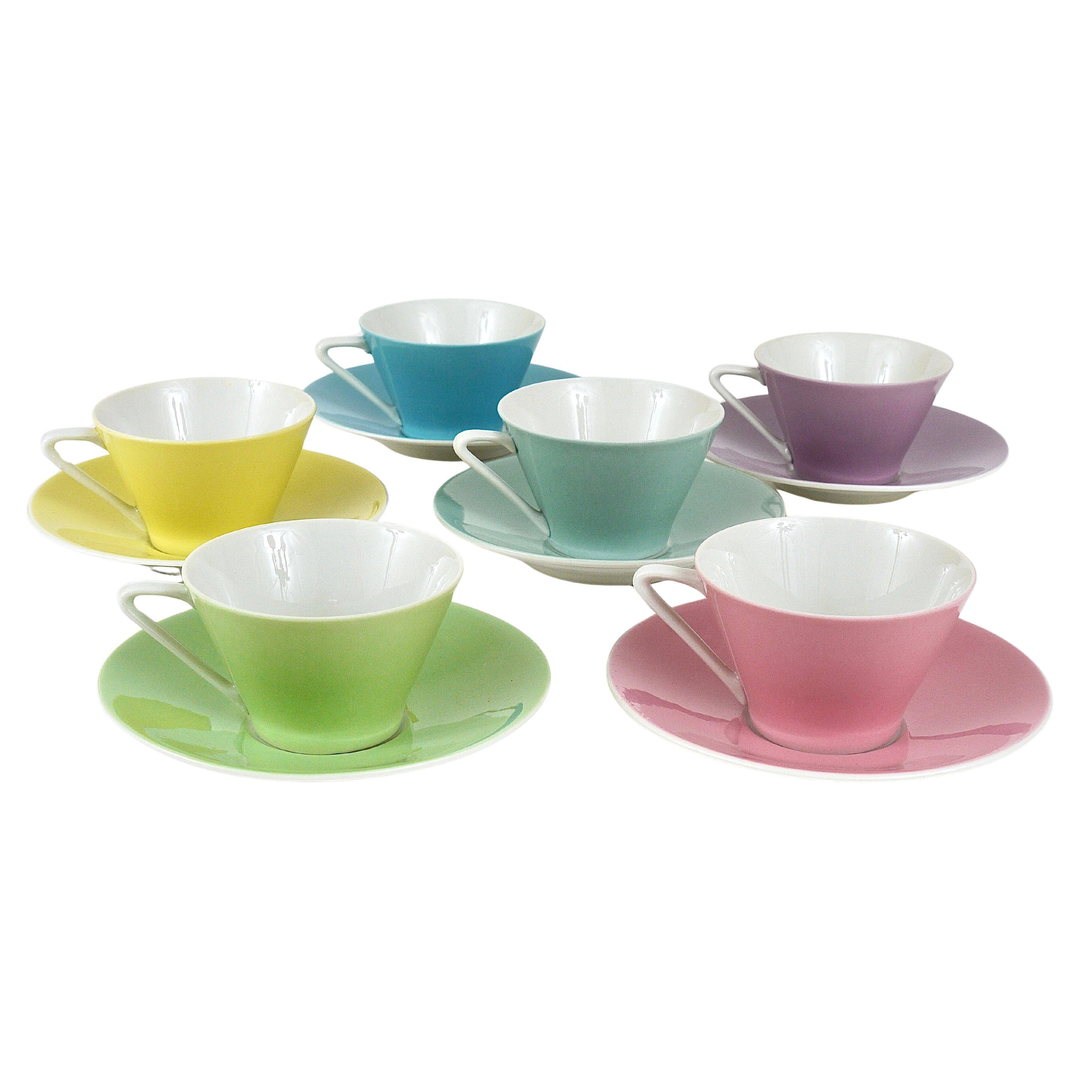 6 pastel mid-century porcelain espresso cups, Daisy, Lilies, Austria, 1950s