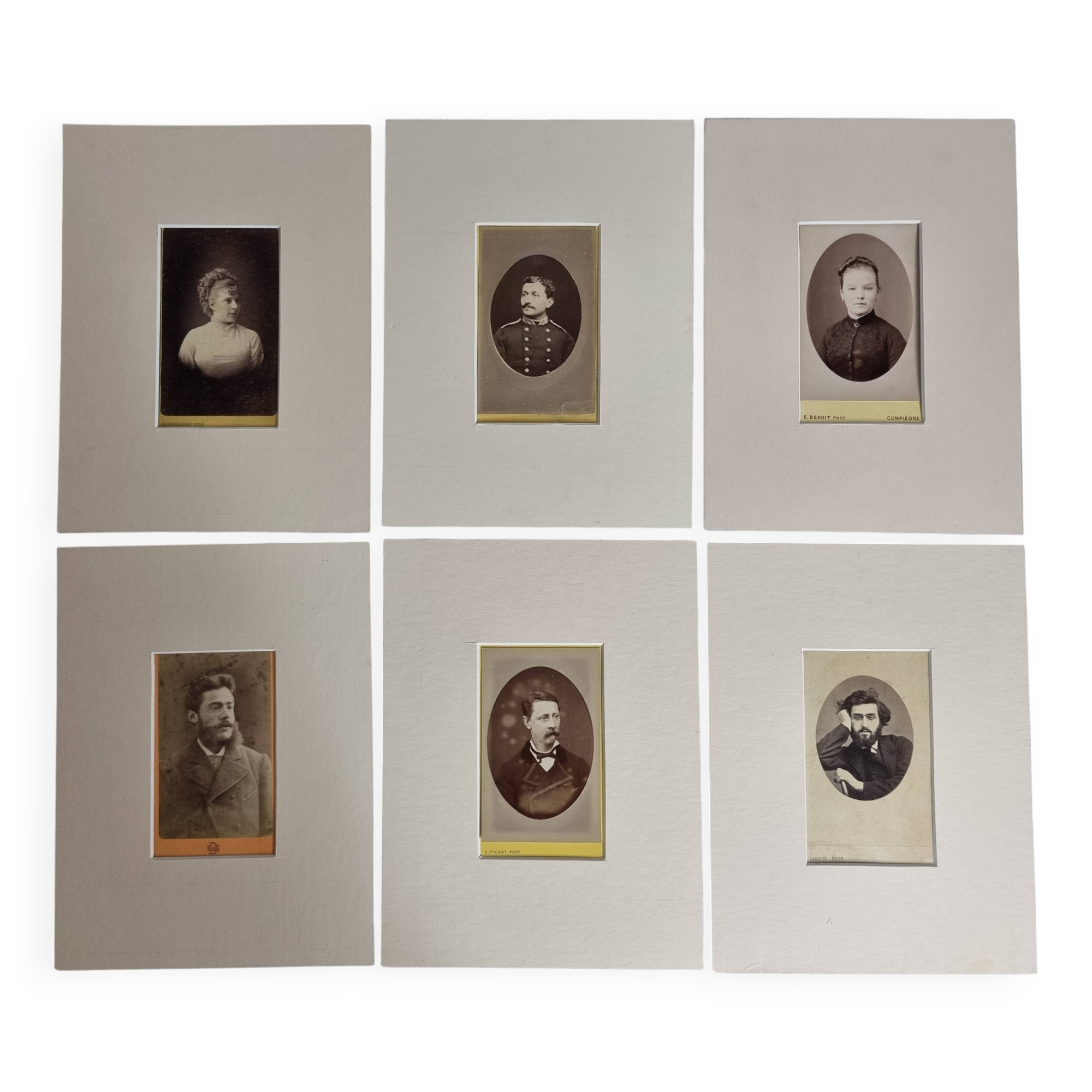 Set of 6 old photographs, oval and rectangular studio portraits from the 19th century