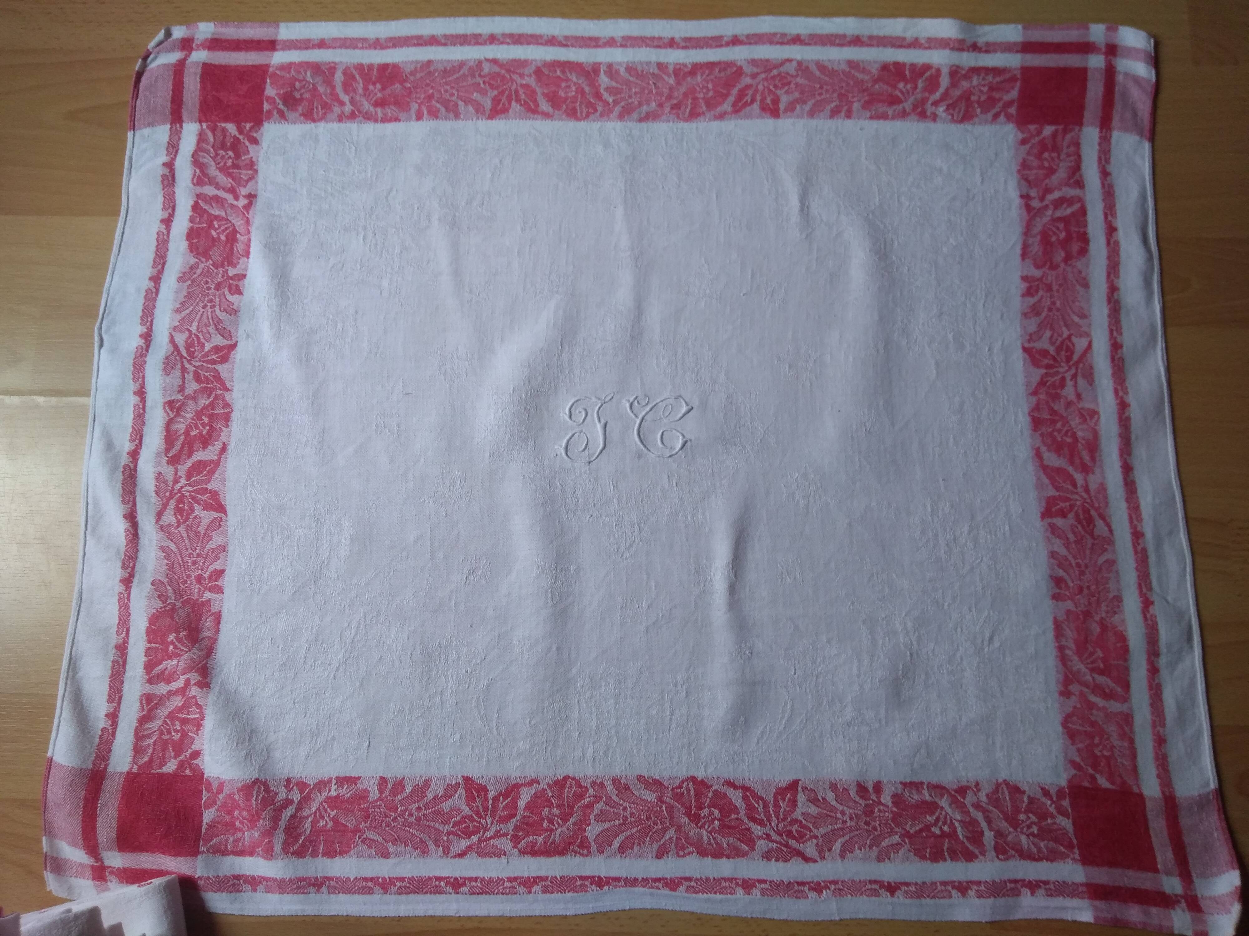 12 Ancient towel embroidered monogrammed JC floral red litter Napoleon III