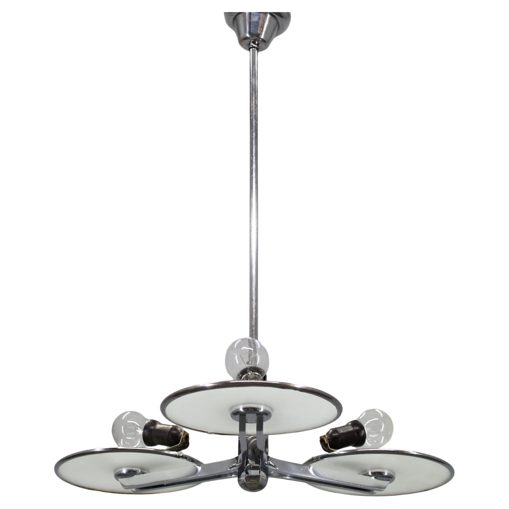 Restored Bauhaus or Art Deco chrome and glass chandelier, Czechoslovakia