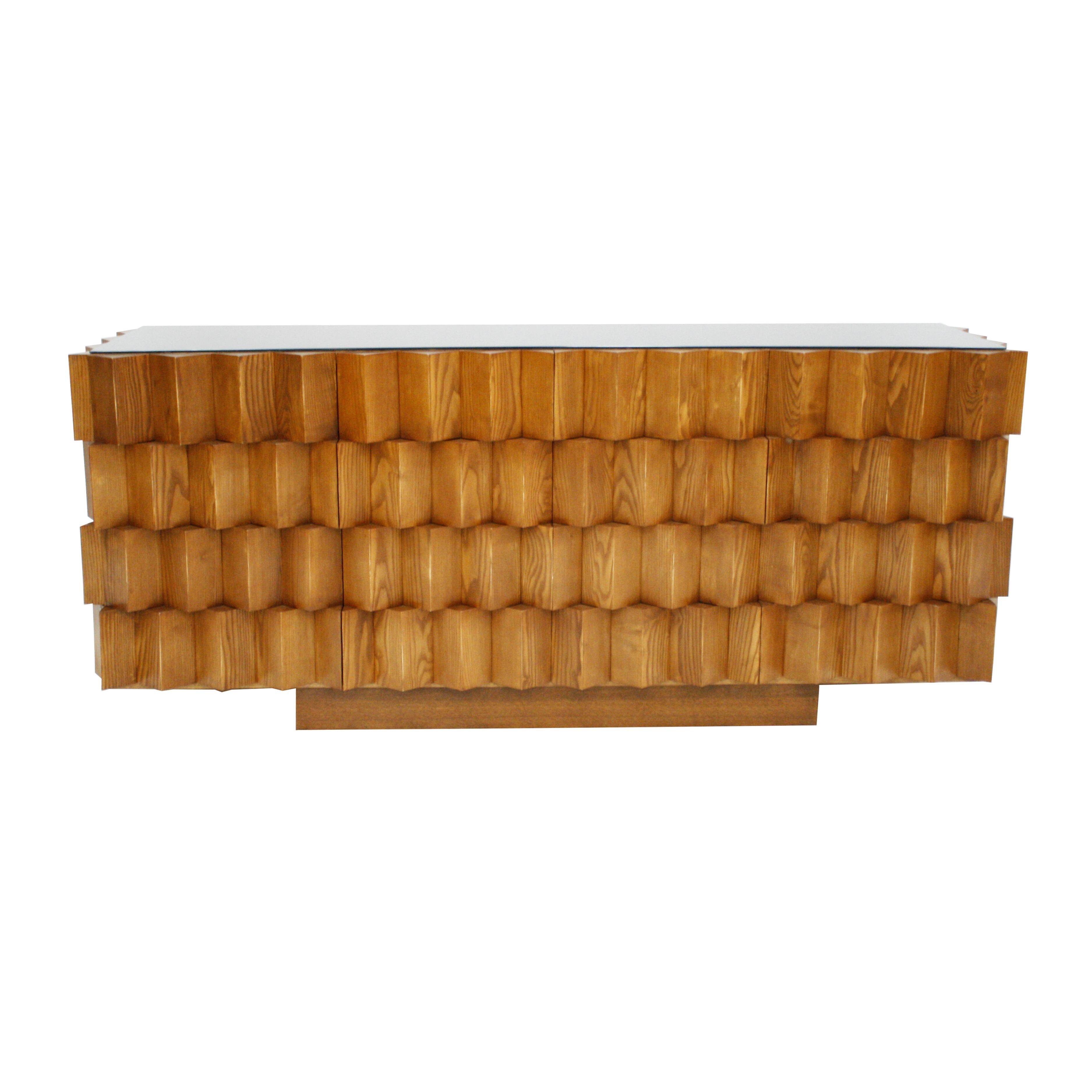 Mid-Century Modern Style Oak Wood and Black Glass Italian Sideboard