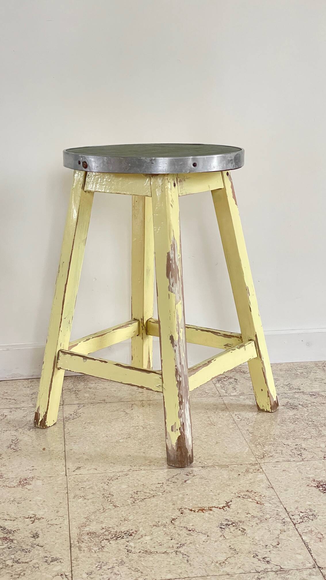 Vintage stool in solid oak green seat