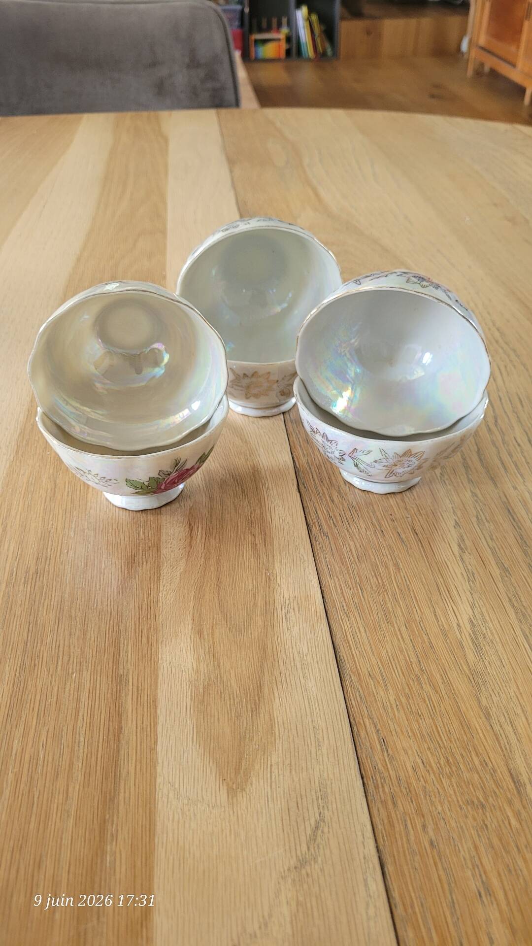 6 antique coffee cups in pearlescent porcelain