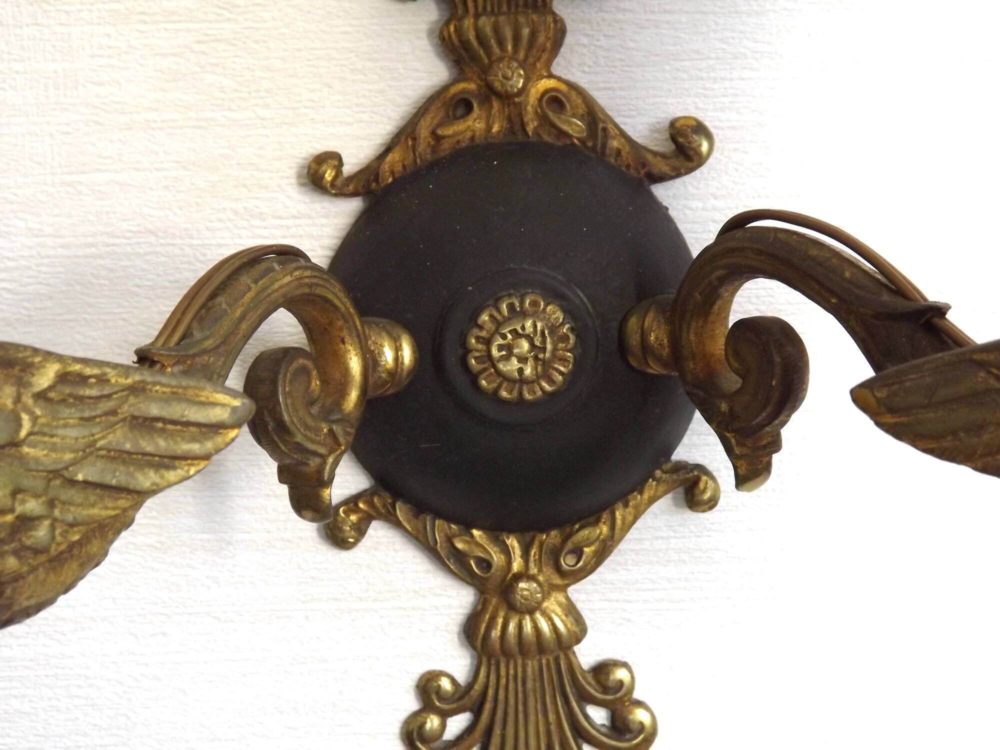 Pair Of Lucien Gau Style Double Swan Wall Lights With Opaque Glass Shades