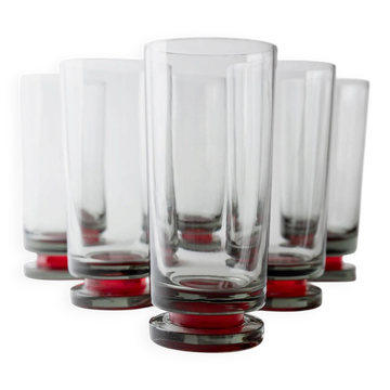 Vintage set of 6 drinking glasses from the 1970s, grey glass with red stem, champagne flutes, wine or water glasses, table decoration, elegant gift idea.