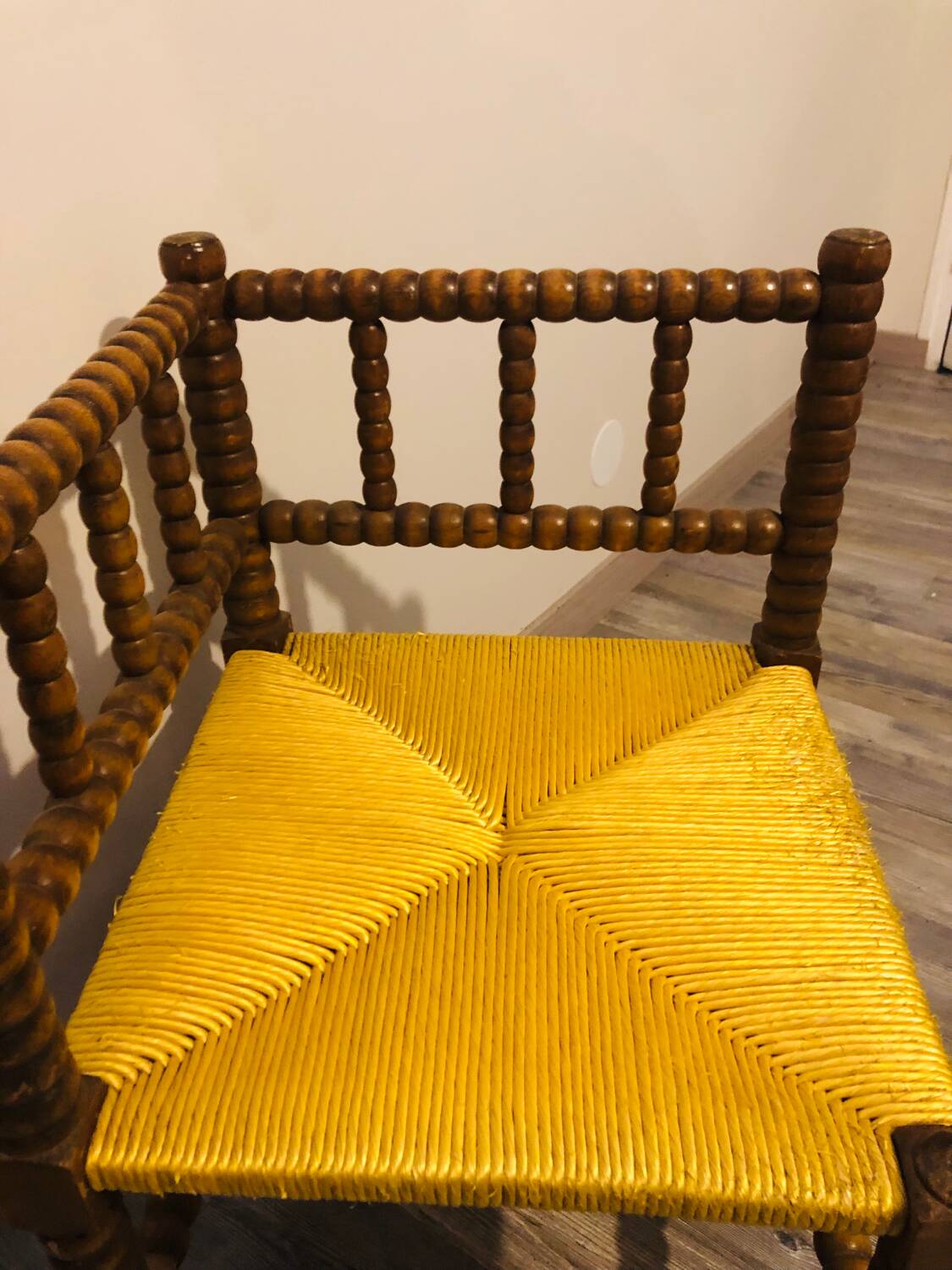 Vintage Art Deco corner chair in bobbin oak and straw, 1930s