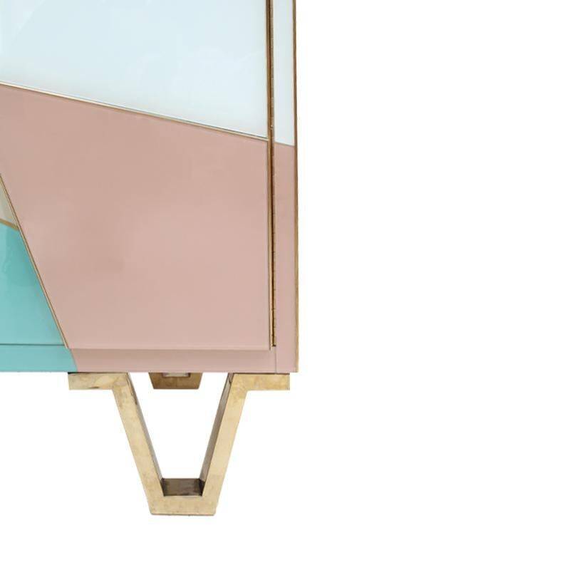 Mid Modern Italian Colored Glass Sideboards with Solid Wood Structure and Brass
