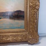 Grand tableau de henry jacques delpy, bord de seine au crepuscule. debut xx ème siècle.