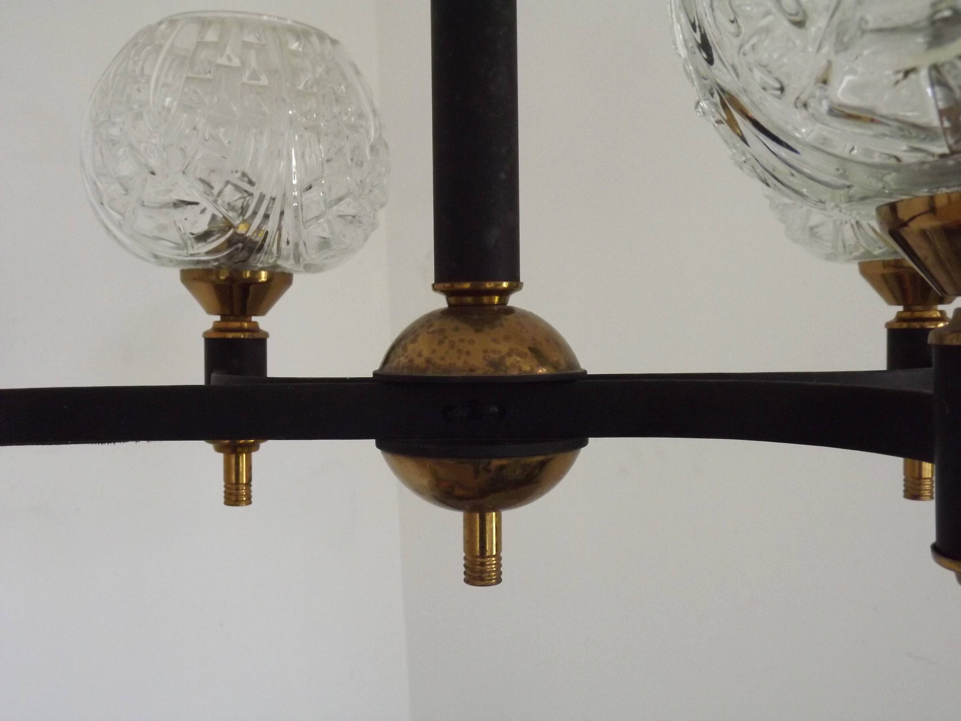 French Vintage Retro Mid Century Black & Gold 4 Arm Chandelier with Glass Shades 5015