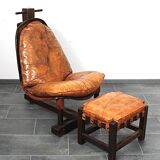 Brutalist oak lounge chair and ottoman, 1970s, set of 2
