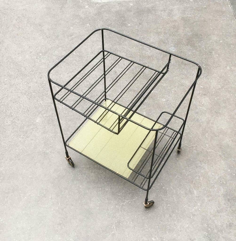 Minimalist perforated metal serving trolley in mid-century style, 1960s.