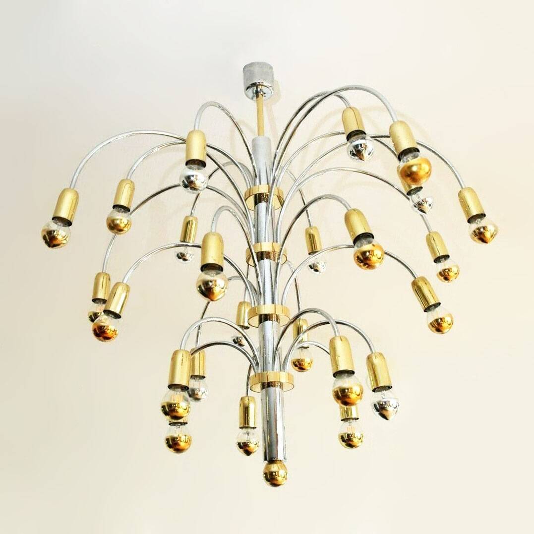 Post-modern chandelier with 24 lights in chrome and gold metal, Germany, 1970.