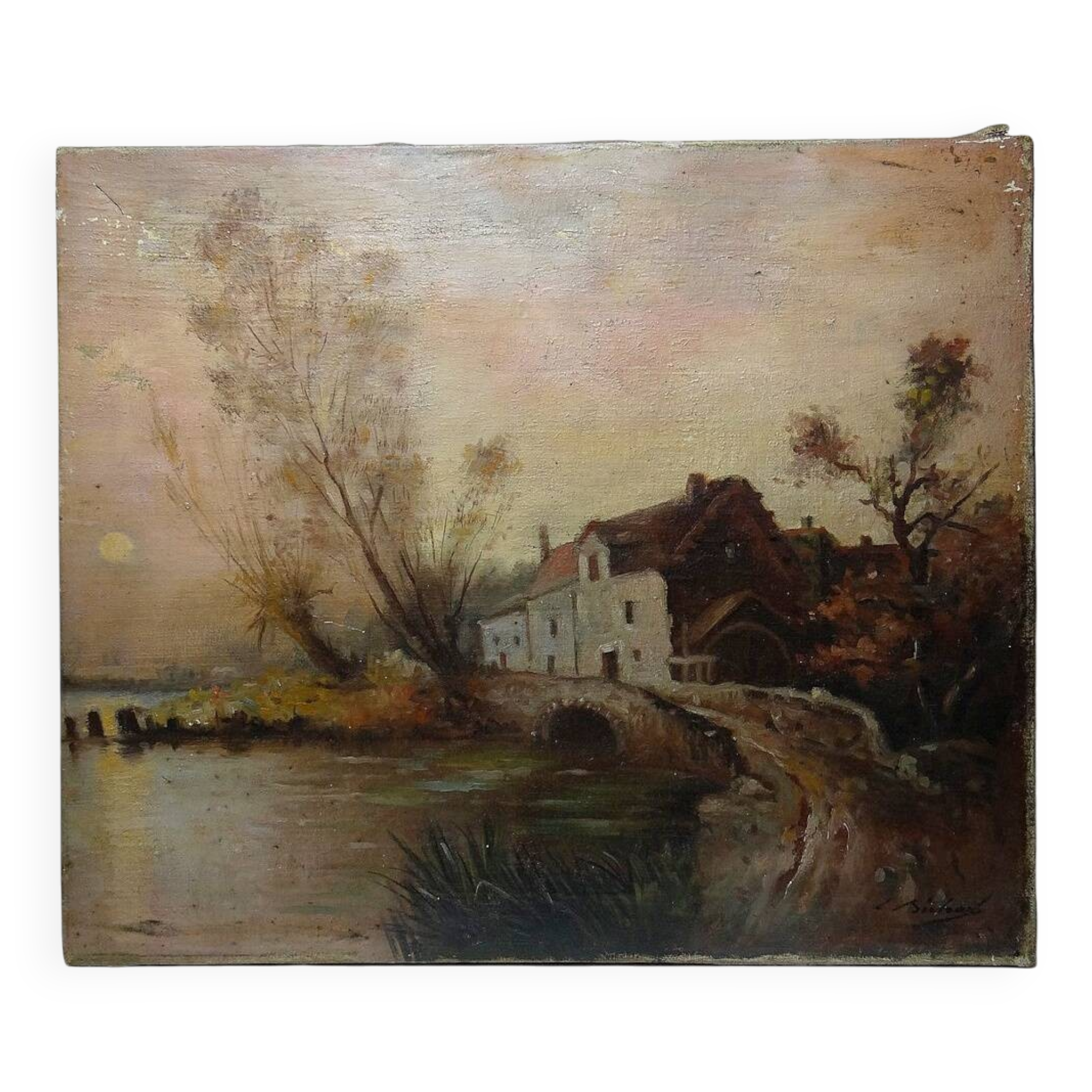 Large painting farm on pond old 19th century signature oil on linen canvas