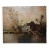 Tableau, huile sur toile en lin signée, "Ferme sur étang", XIXème s.