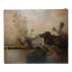 Large painting farm on pond old 19th century signature oil on linen canvas